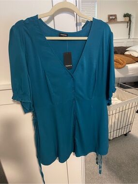 Torrid Teal Button-Front V-Neck Blouse with Side Ties - Challis Side Tie Top